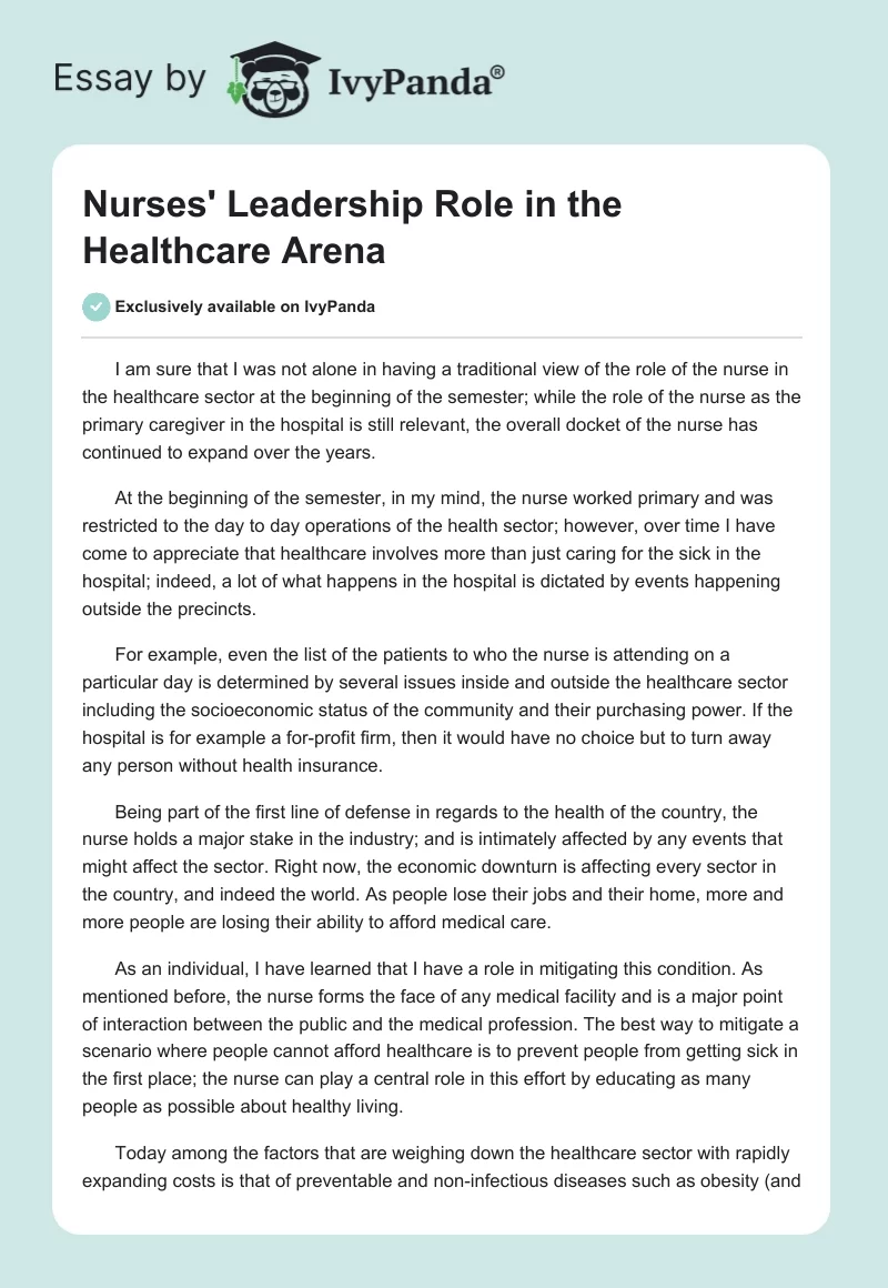 Nurses' Leadership Role in the Healthcare Arena. Page 1