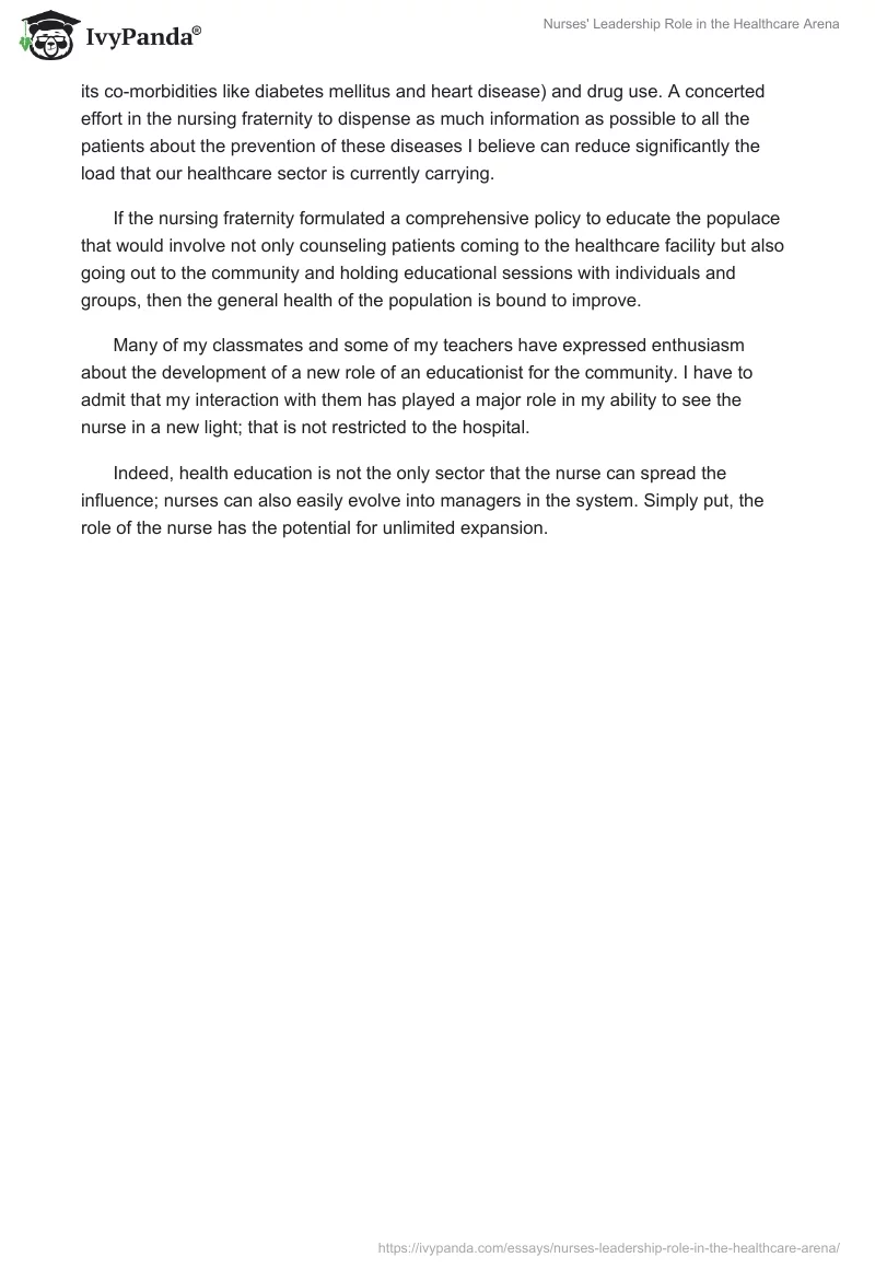 Nurses' Leadership Role in the Healthcare Arena. Page 2