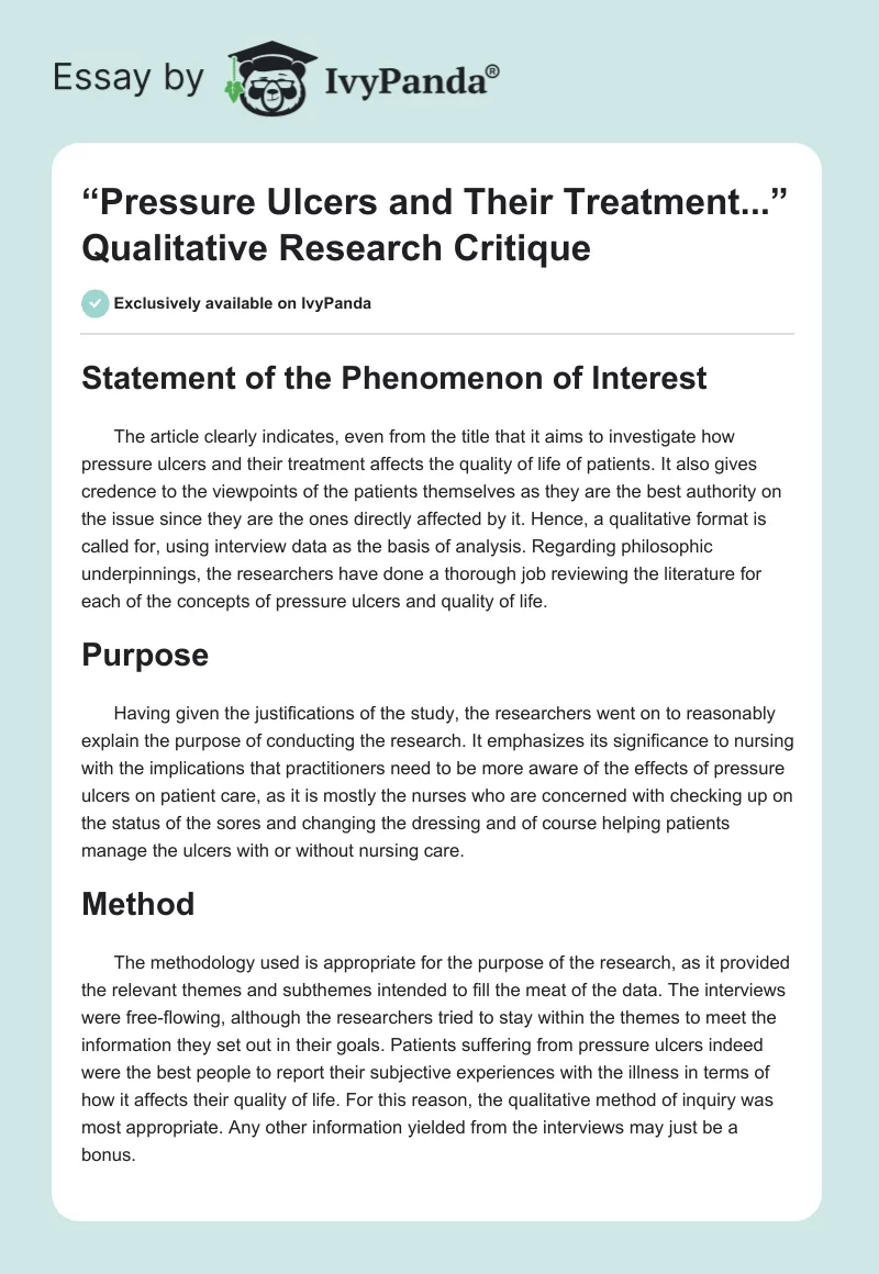 “Pressure Ulcers and Their Treatment...” Qualitative Research Critique. Page 1