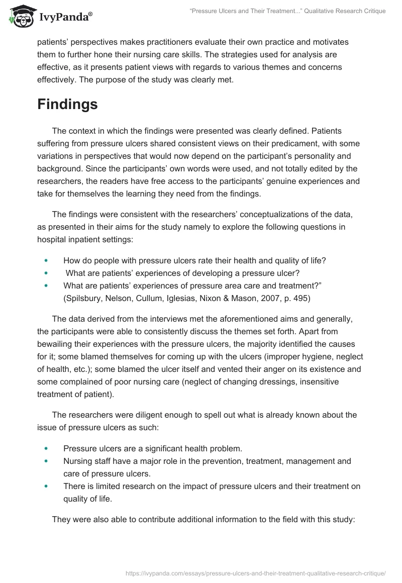 “Pressure Ulcers and Their Treatment...” Qualitative Research Critique. Page 4