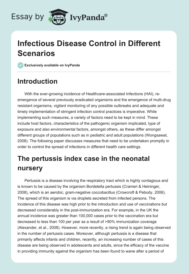 Infectious Disease Control in Different Scenarios. Page 1