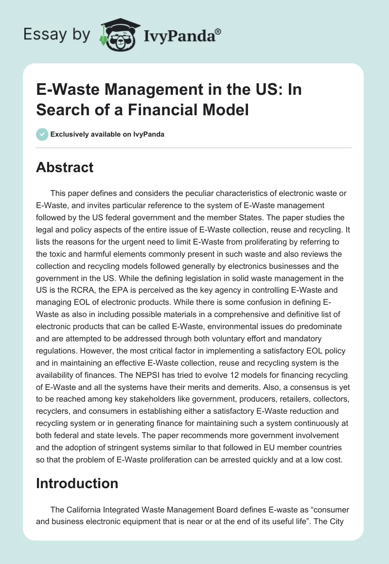 E-Waste Management in the US: In Search of a Financial Model. Page 1