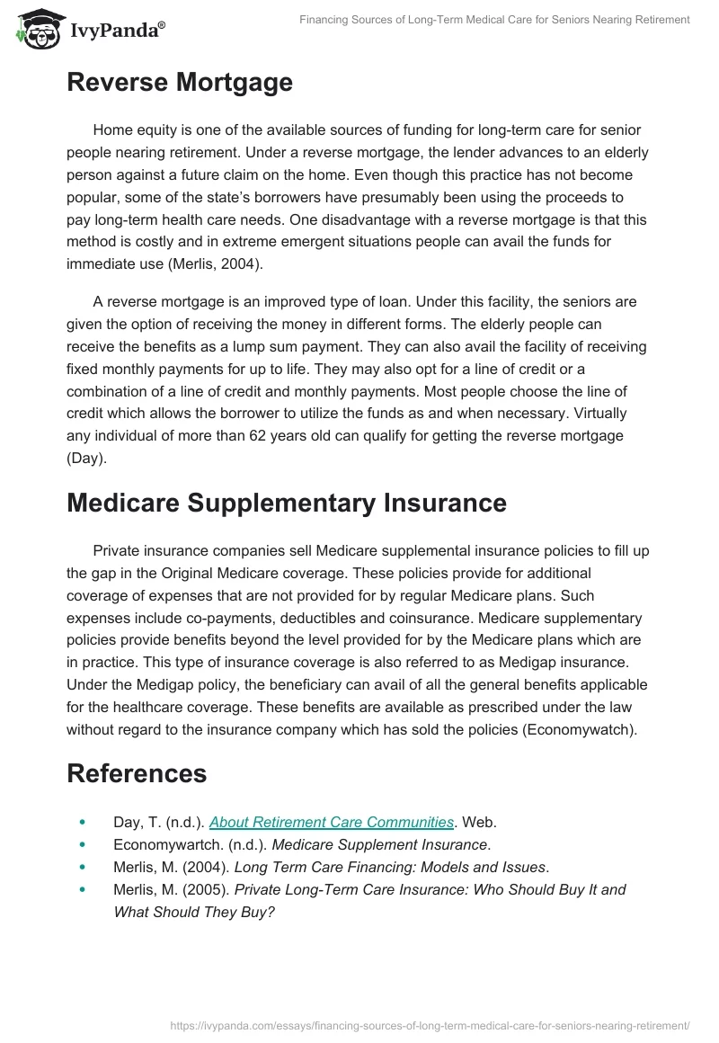 Financing Sources of Long-Term Medical Care for Seniors Nearing Retirement. Page 2