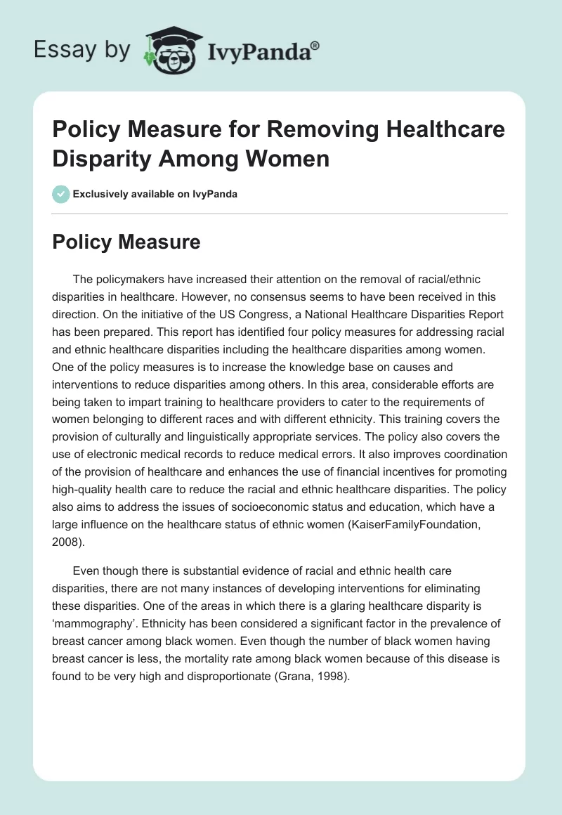 Policy Measure for Removing Healthcare Disparity Among Women. Page 1