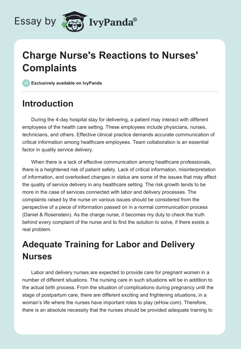 Charge Nurse's Reactions to Nurses' Complaints. Page 1