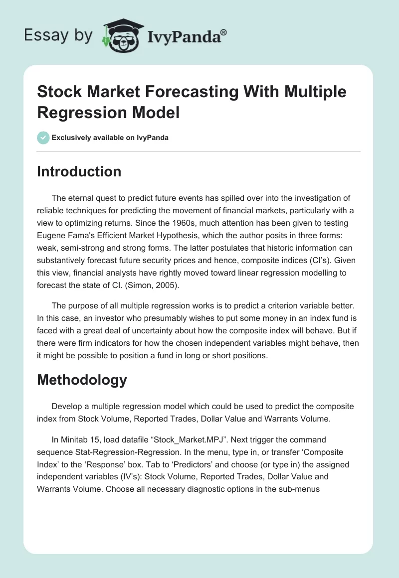 Stock Market Forecasting With Multiple Regression Model. Page 1