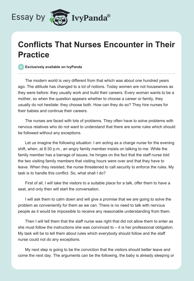 Conflicts That Nurses Encounter in Their Practice. Page 1