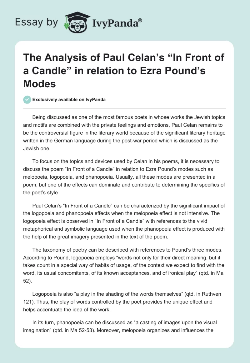 The Analysis of Paul Celan’s “In Front of a Candle” in relation to Ezra Pound’s Modes. Page 1