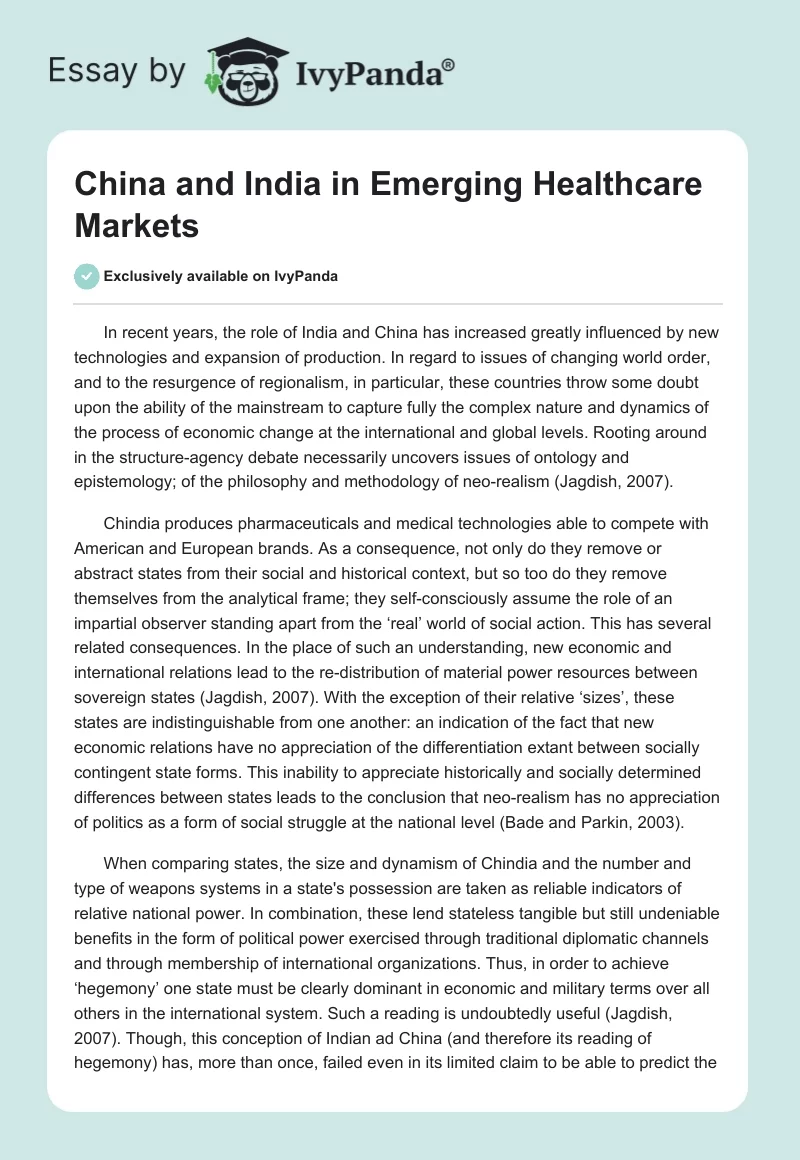 China and India in Emerging Healthcare Markets. Page 1