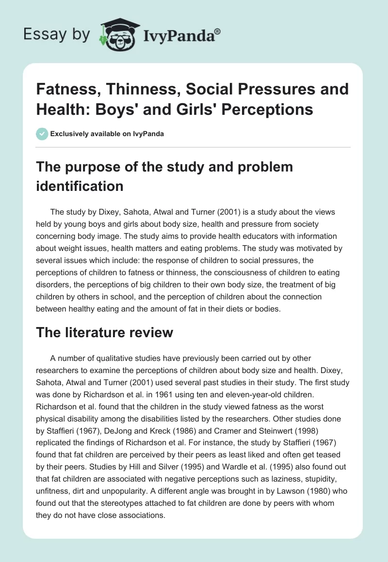 Fatness, Thinness, Social Pressures and Health: Boys' and Girls' Perceptions. Page 1