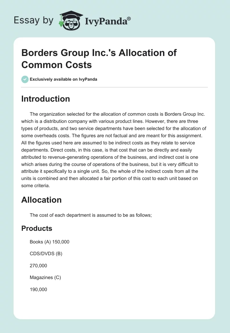 Borders Group Inc.'s Allocation of Common Costs. Page 1