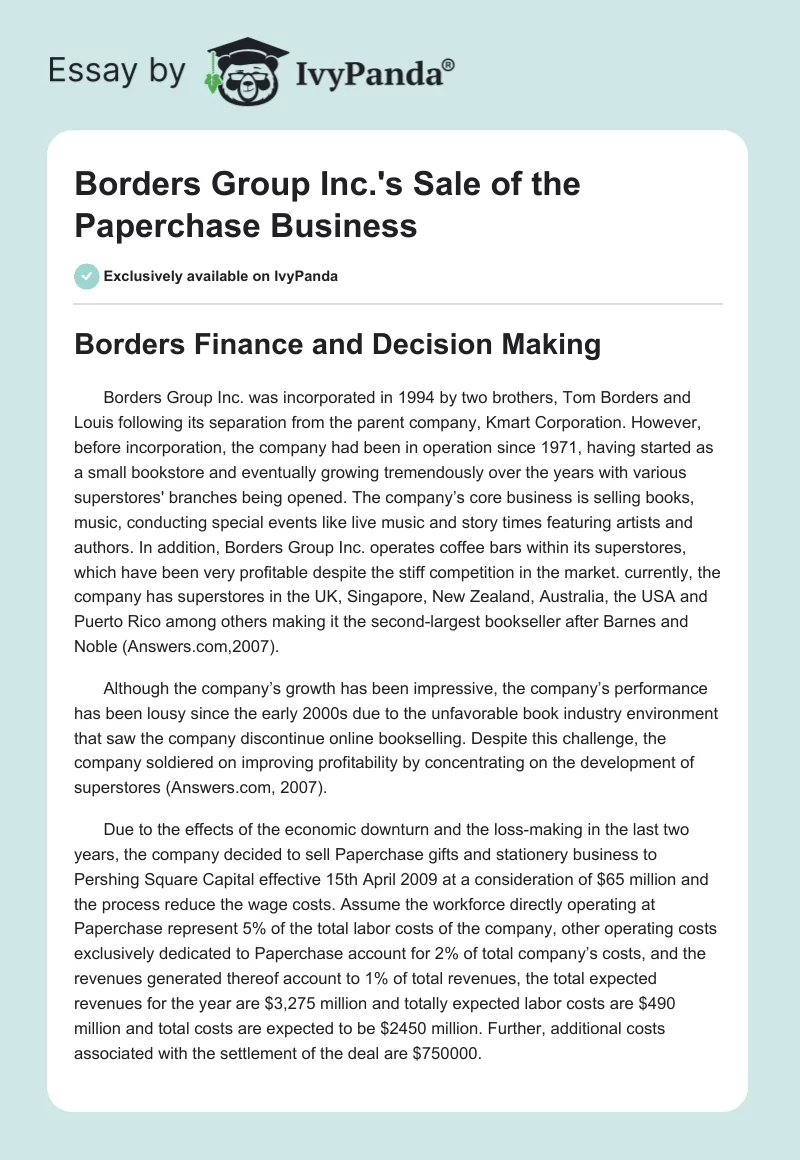 Borders Group Inc.'s Sale of the Paperchase Business. Page 1