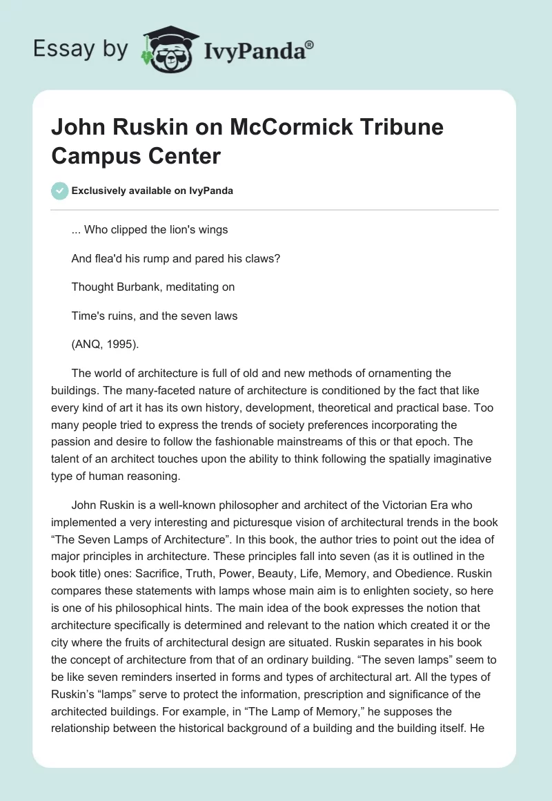 John Ruskin on McCormick Tribune Campus Center. Page 1