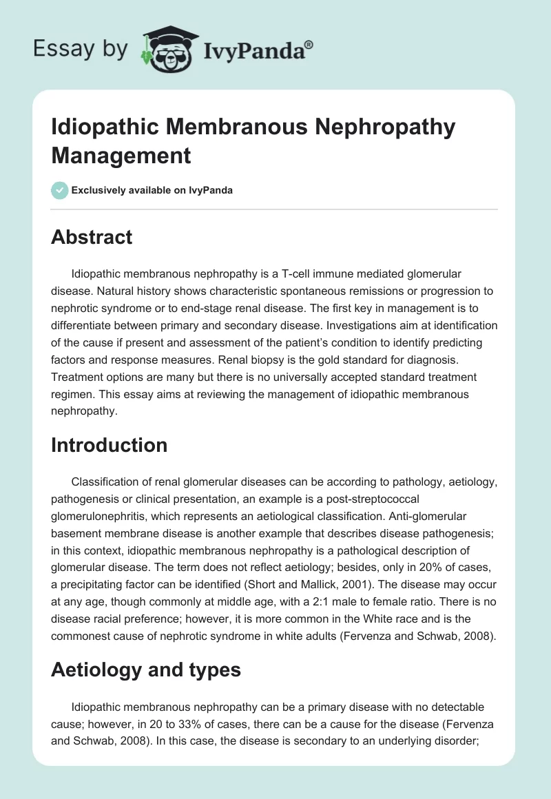 Idiopathic Membranous Nephropathy Management. Page 1