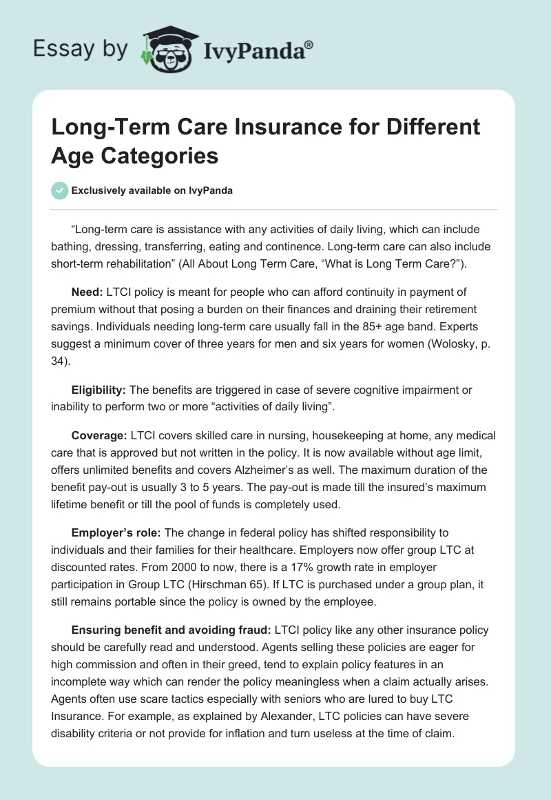 Long-Term Care Insurance for Different Age Categories. Page 1