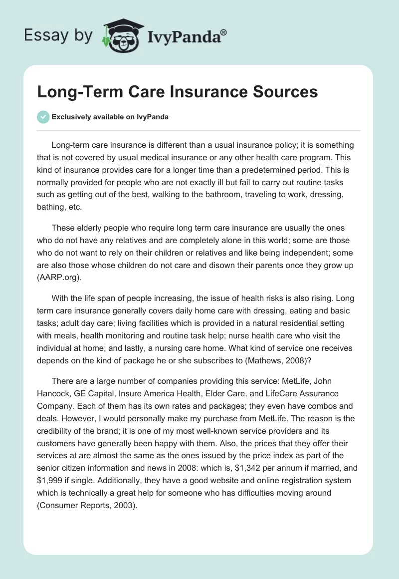 Long-Term Care Insurance Sources. Page 1