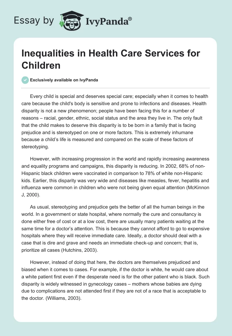 Inequalities in Health Care Services for Children. Page 1