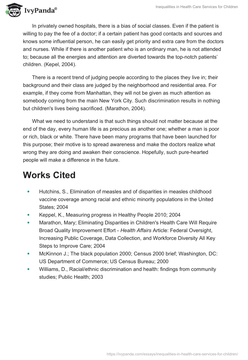 Inequalities in Health Care Services for Children. Page 2
