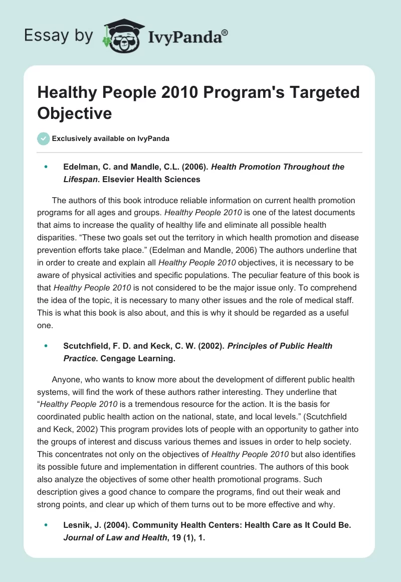 Healthy People 2010 Program's Targeted Objective. Page 1