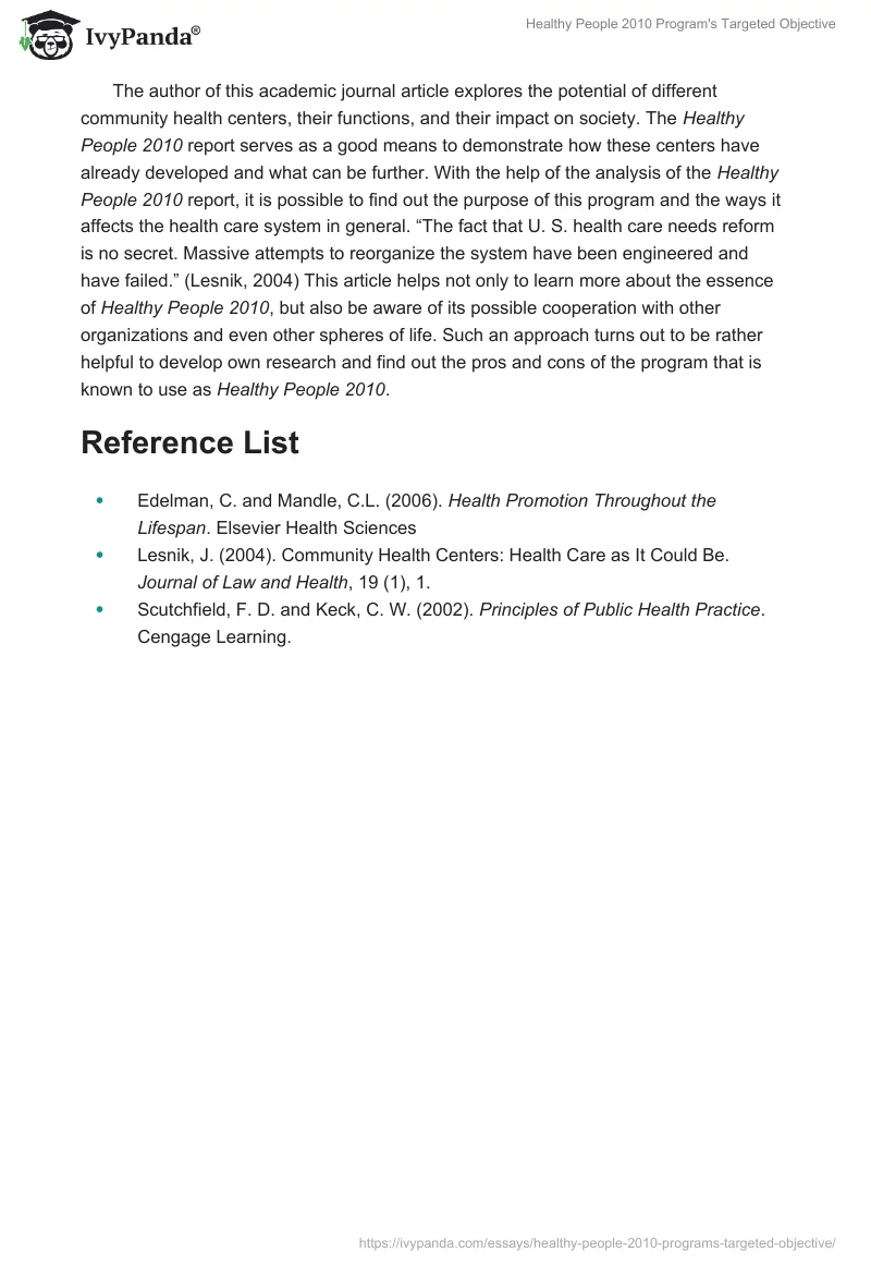 Healthy People 2010 Program's Targeted Objective. Page 2