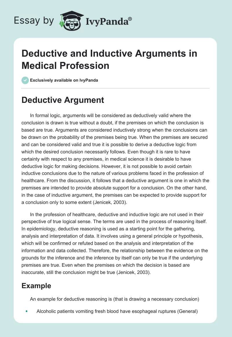 Deductive and Inductive Arguments in Medical Profession. Page 1
