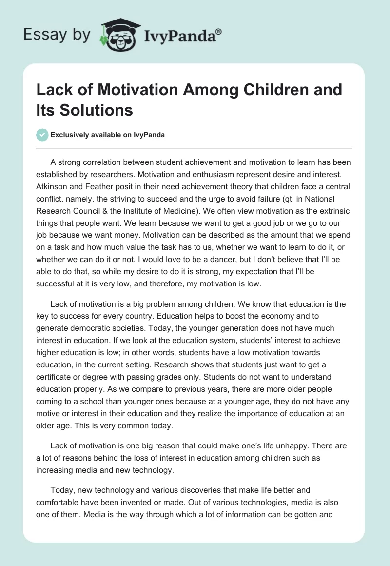Lack of Motivation Among Children and Its Solutions. Page 1