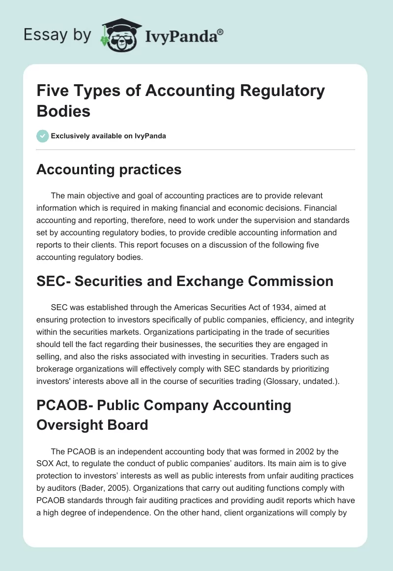 Five Types of Accounting Regulatory Bodies. Page 1