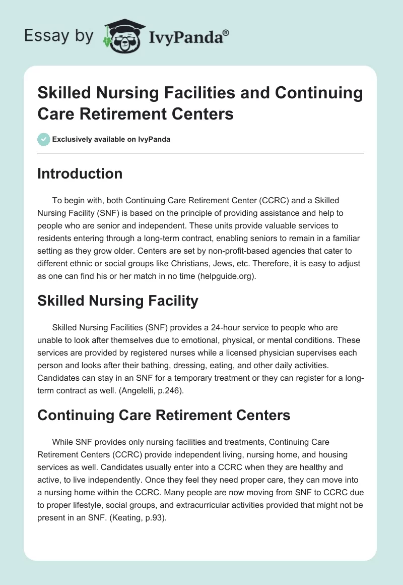 Skilled Nursing Facilities and Continuing Care Retirement Centers. Page 1