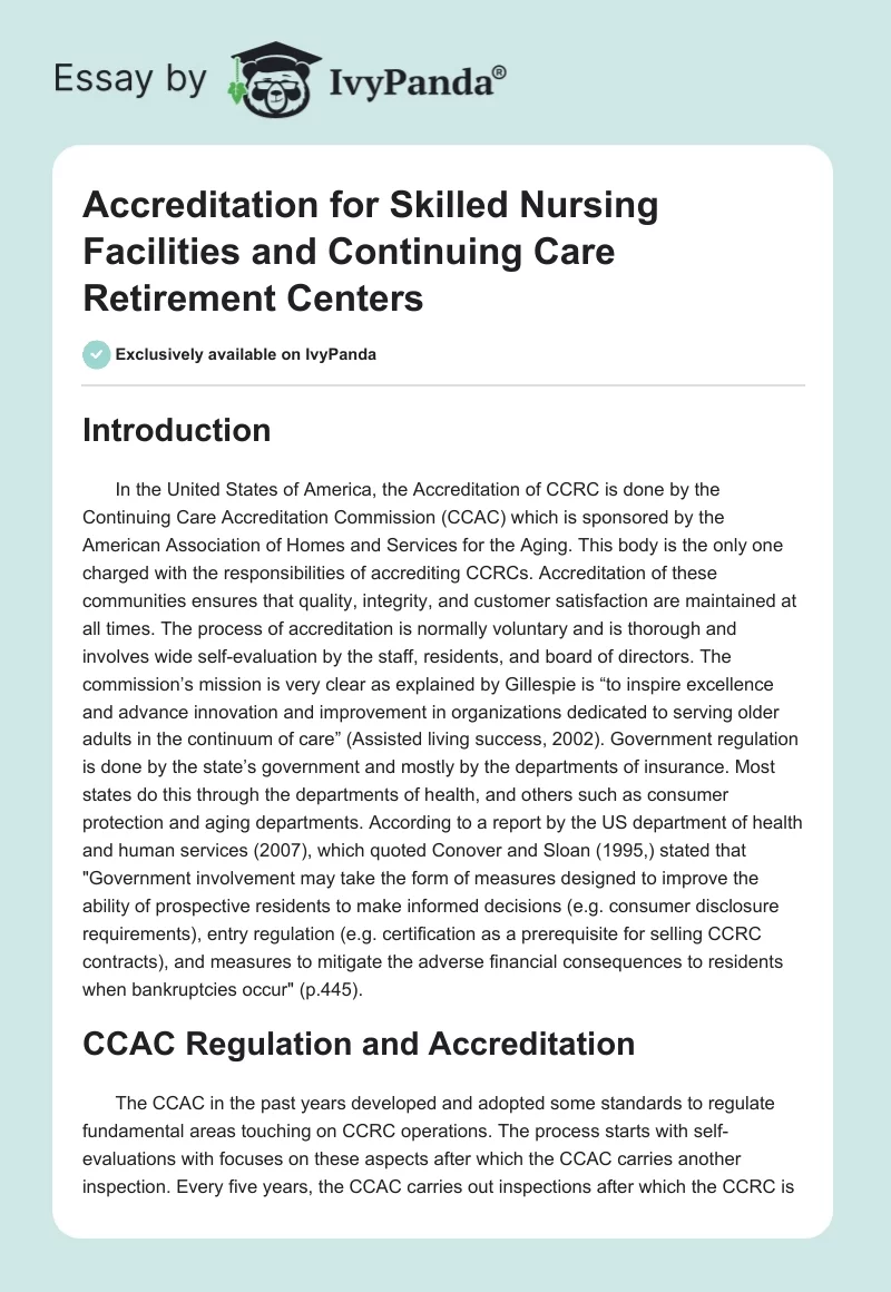 Accreditation for Skilled Nursing Facilities and Continuing Care Retirement Centers. Page 1