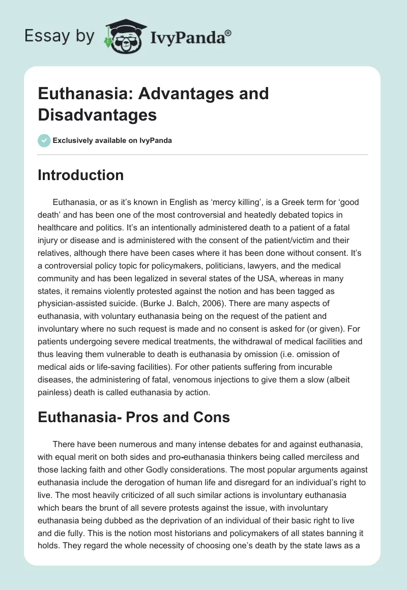 Euthanasia: Advantages and Disadvantages. Page 1