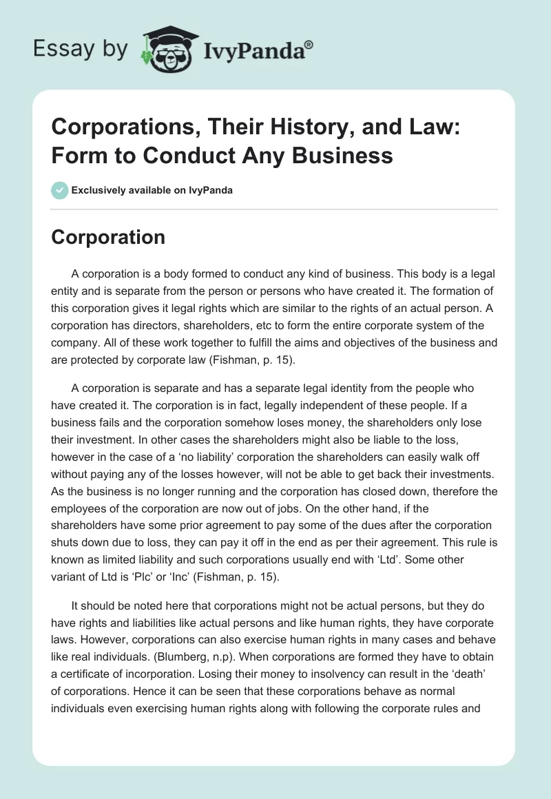 Corporations, Their History, and Law: Form to Conduct Any Business. Page 1
