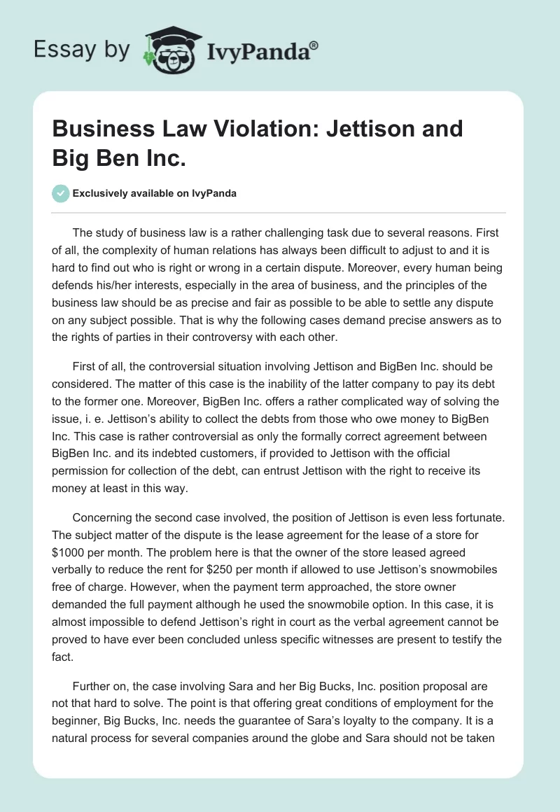 Business Law Violation: Jettison and Big Ben Inc.. Page 1