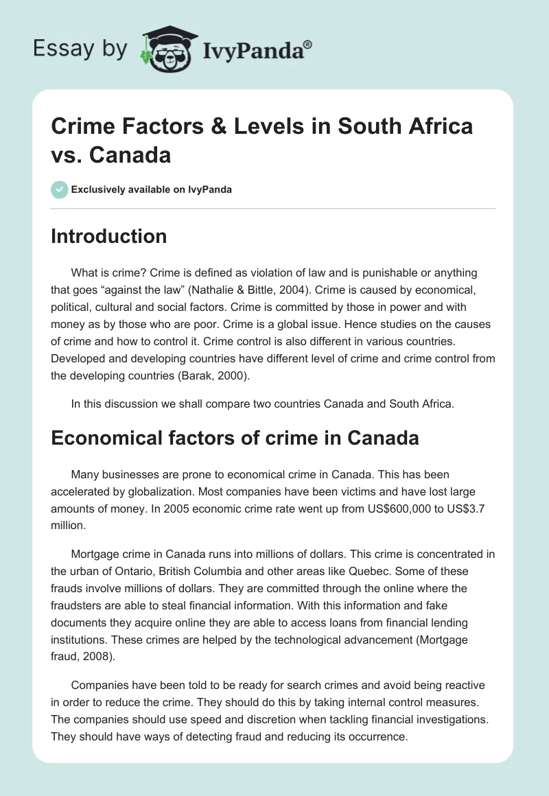 Crime Factors & Levels in South Africa vs. Canada. Page 1
