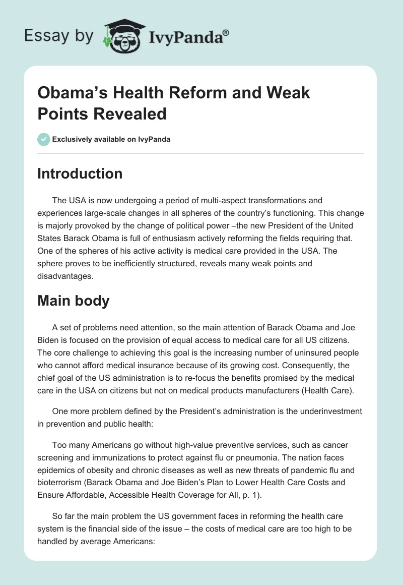 Obama’s Health Reform and Weak Points Revealed. Page 1