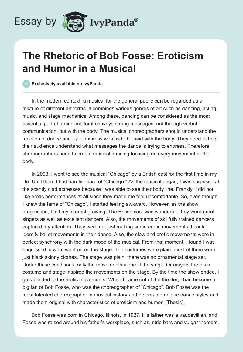 The Rhetoric of Bob Fosse: Eroticism and Humor in a Musical. Page 1