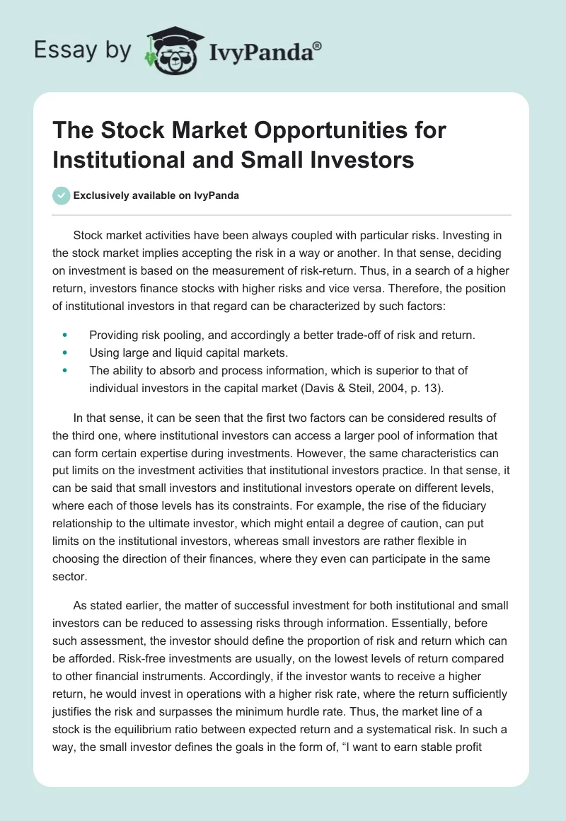 The Stock Market Opportunities for Institutional and Small Investors. Page 1