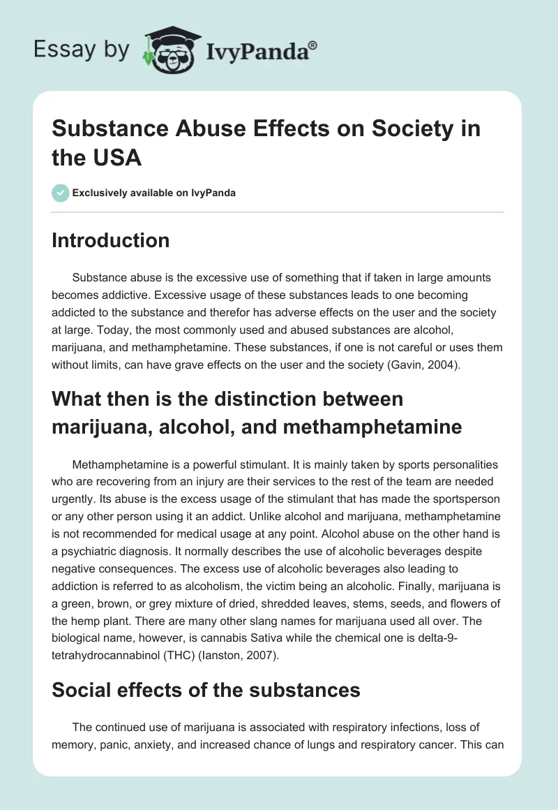 Substance Abuse Effects on Society in the USA. Page 1
