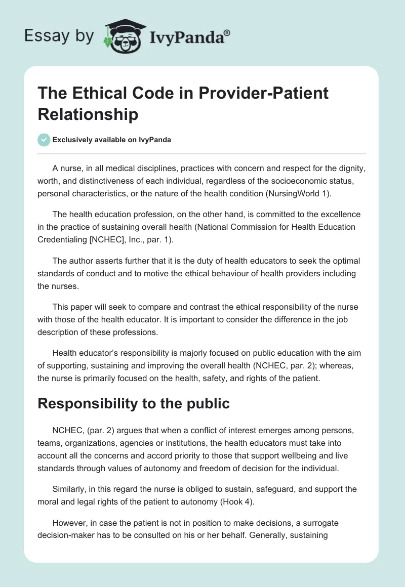 The Ethical Code in Provider-Patient Relationship. Page 1