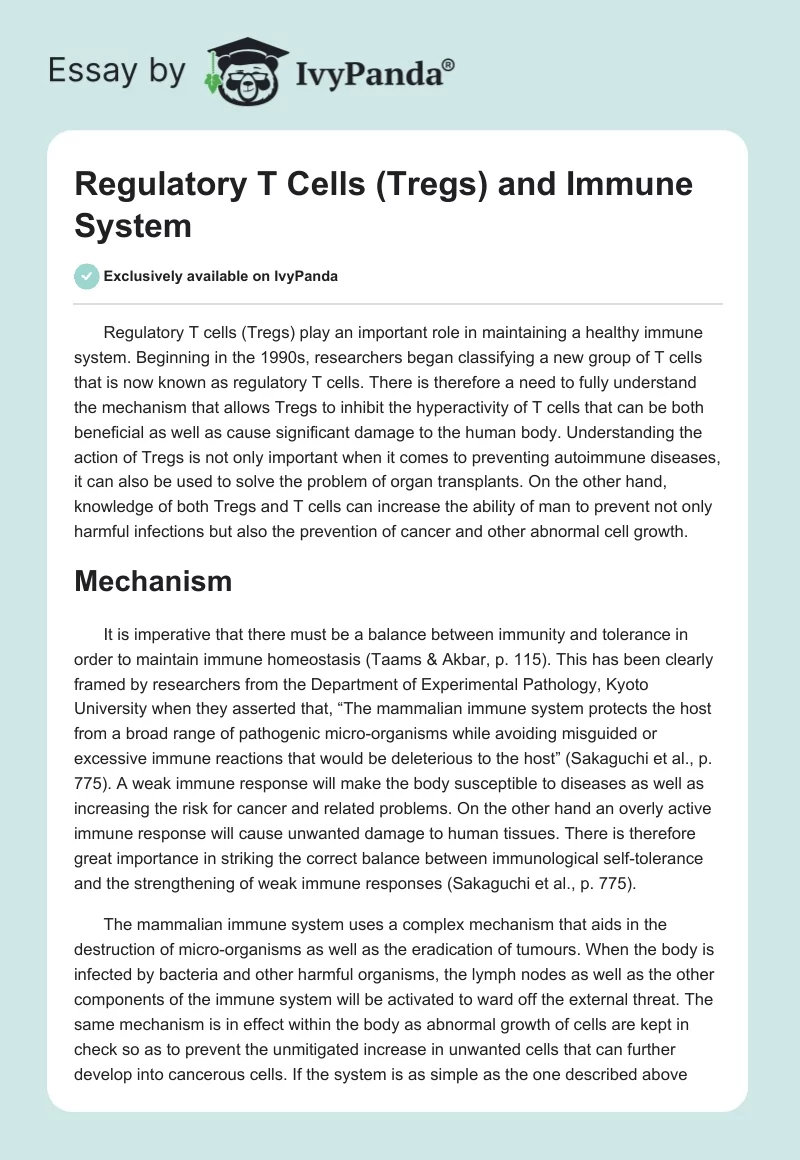 Regulatory T Cells (Tregs) and Immune System. Page 1