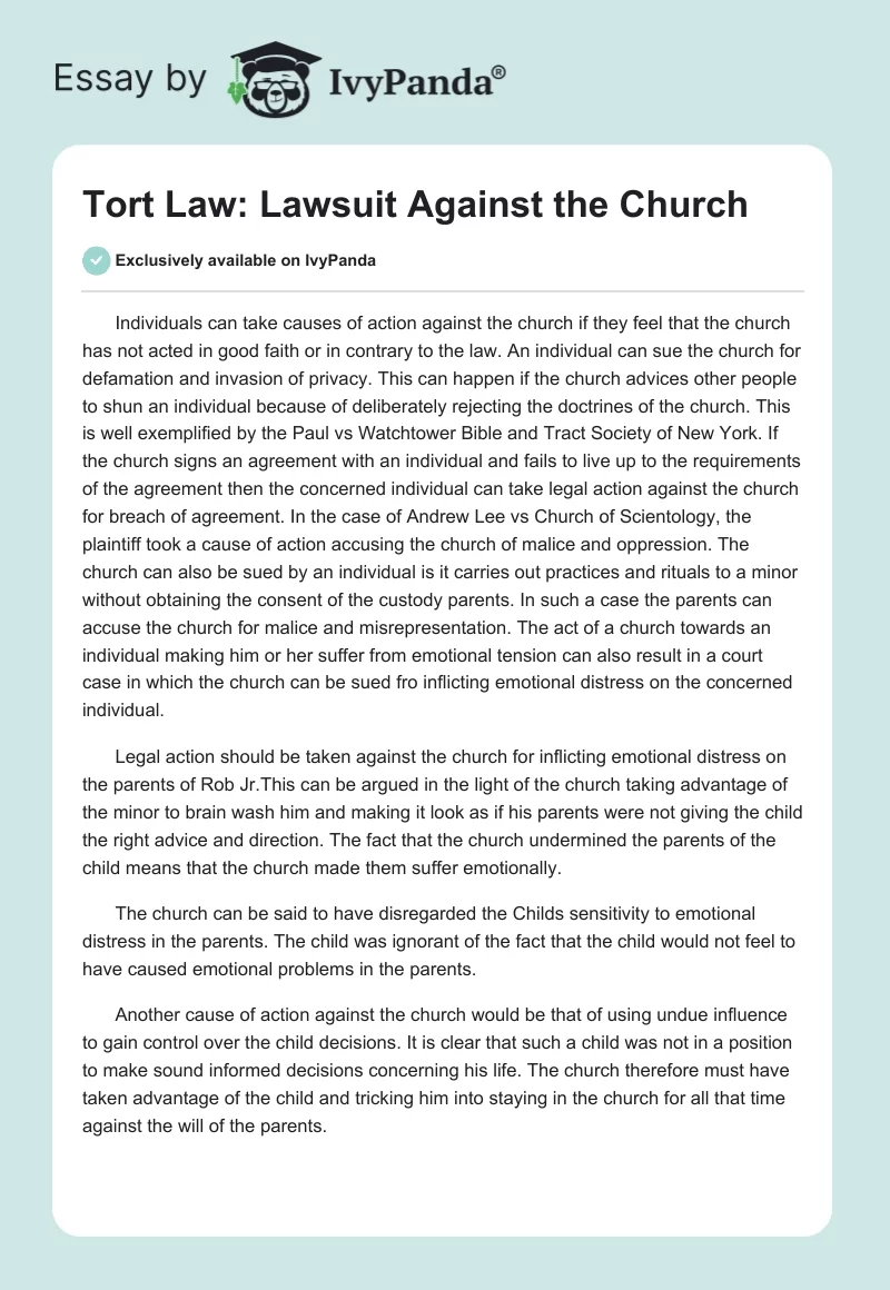 Tort Law: Lawsuit Against the Church. Page 1