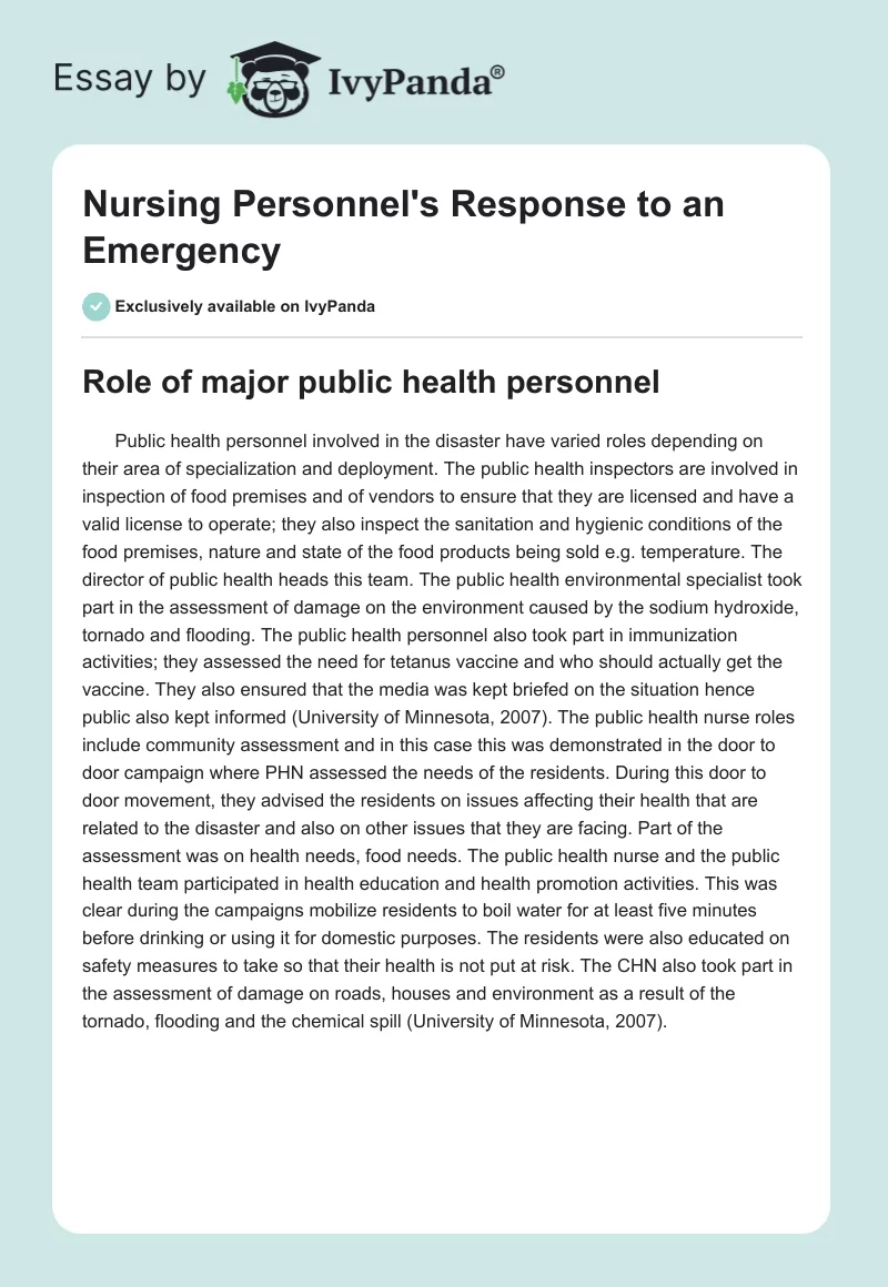 Nursing Personnel's Response to an Emergency. Page 1