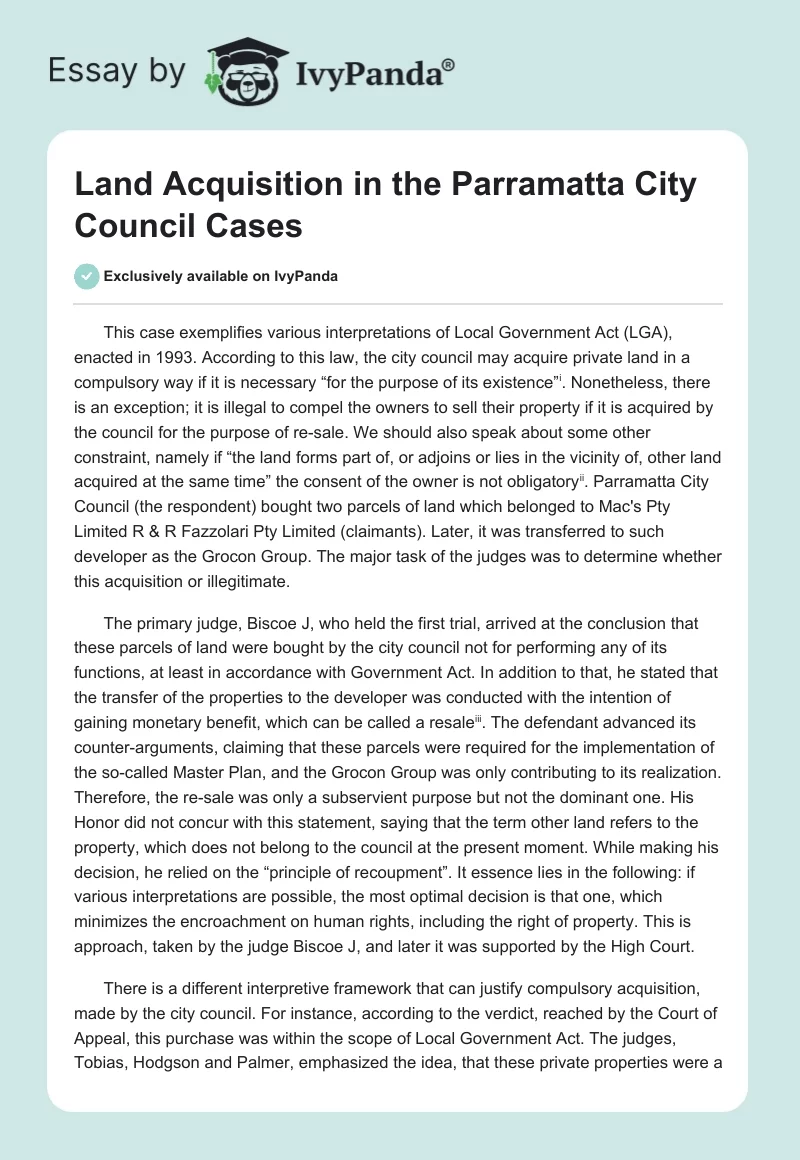 Land Acquisition in the Parramatta City Council Cases. Page 1