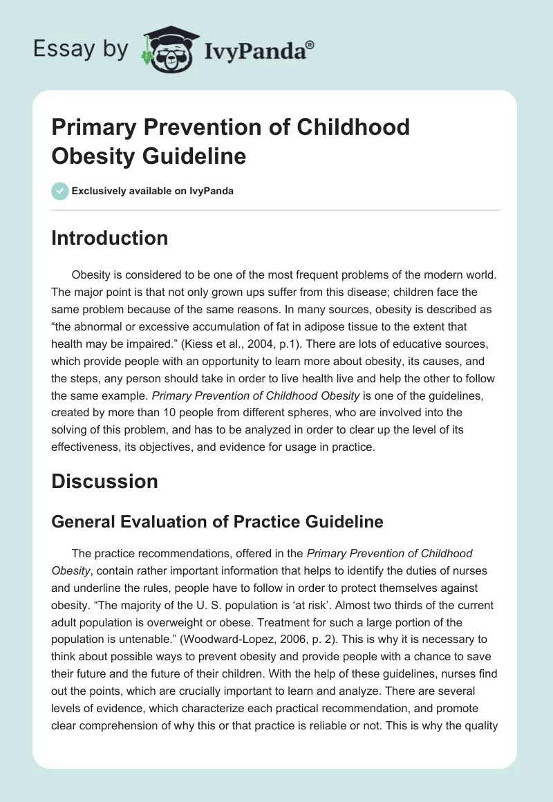 Primary Prevention of Childhood Obesity Guideline. Page 1