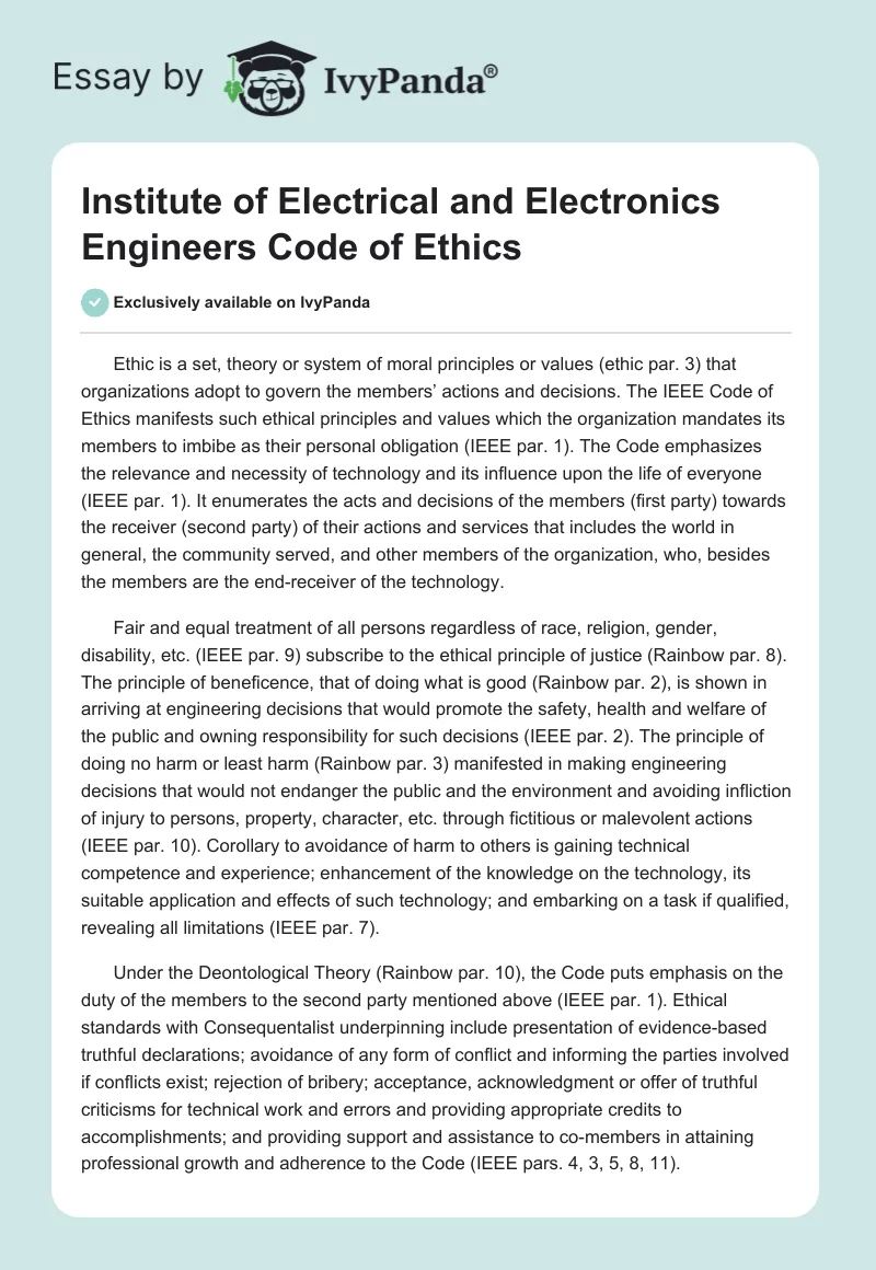 Institute of Electrical and Electronics Engineers Code of Ethics. Page 1