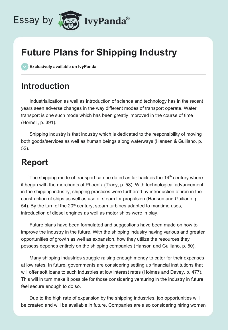 Future Plans for Shipping Industry. Page 1