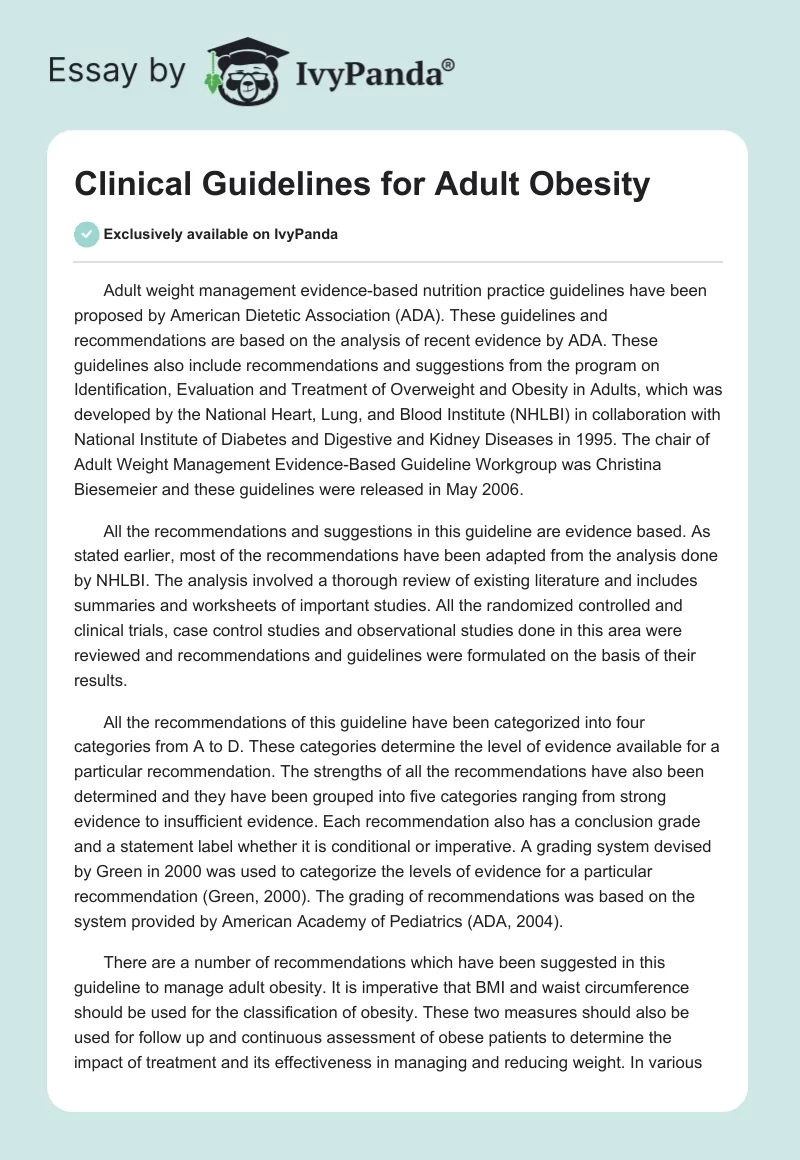 Clinical Guidelines for Adult Obesity. Page 1