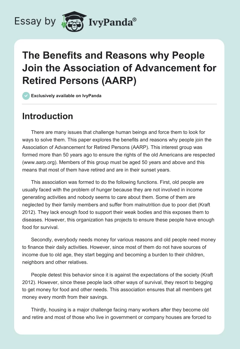 The Benefits and Reasons why People Join the Association of Advancement for Retired Persons (AARP). Page 1