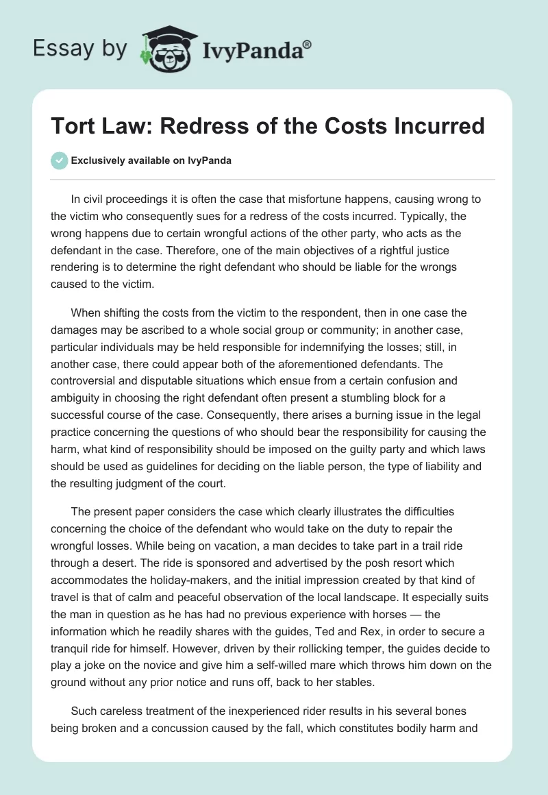 Tort Law: Redress of the Costs Incurred. Page 1