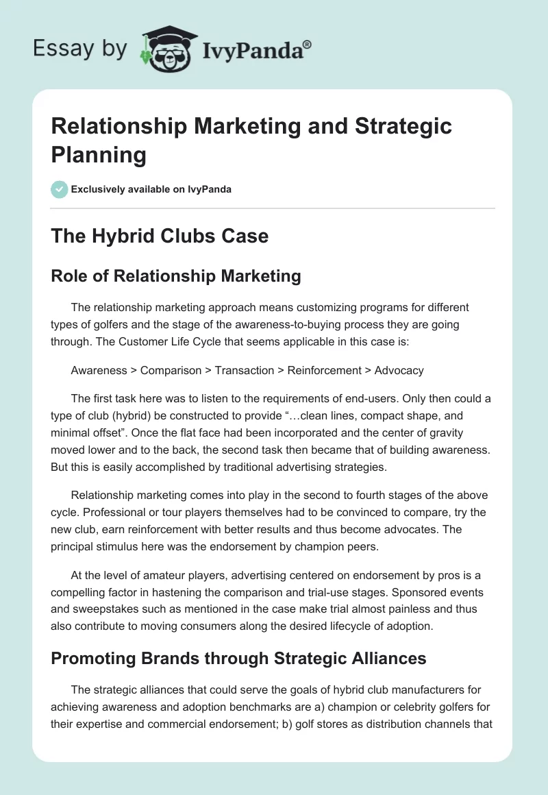 Relationship Marketing and Strategic Planning. Page 1