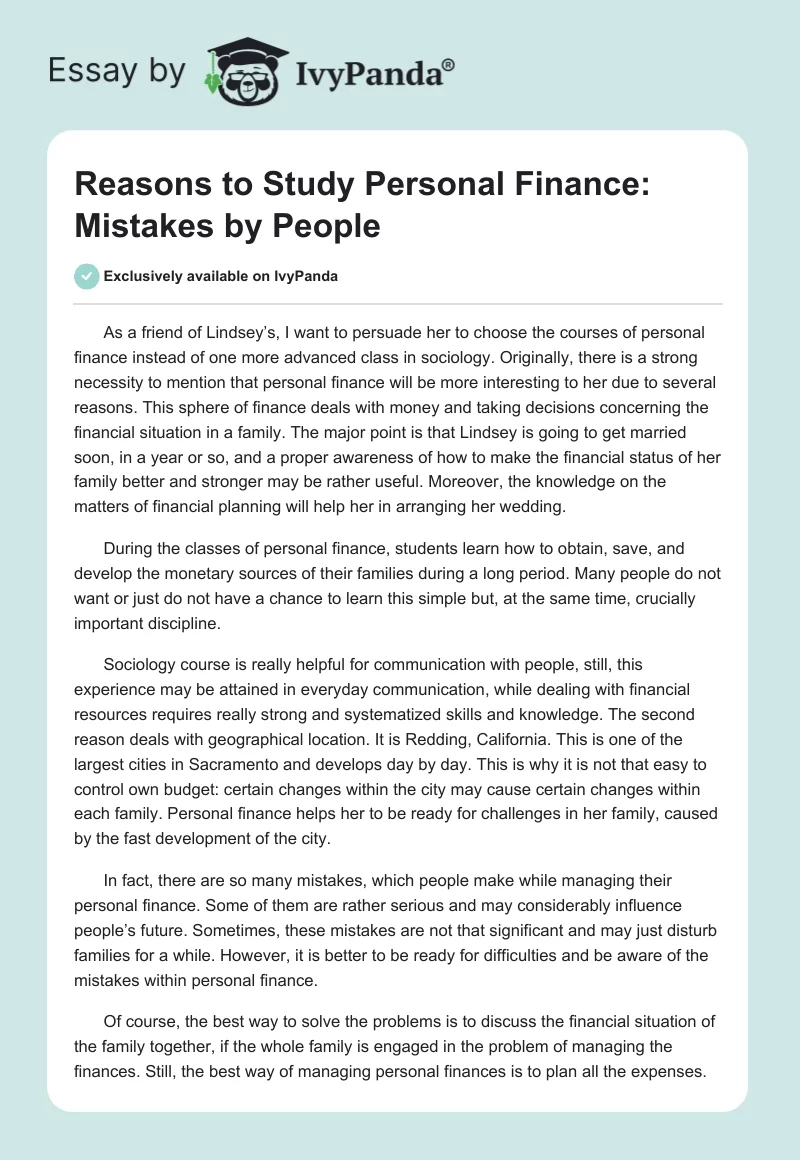 Reasons to Study Personal Finance: Mistakes by People. Page 1
